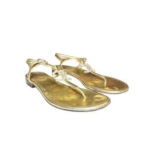 Chanel 20A Gold Lambskin Pearl Interlocking CC Ankle Strap Thong Flat Sandals 42